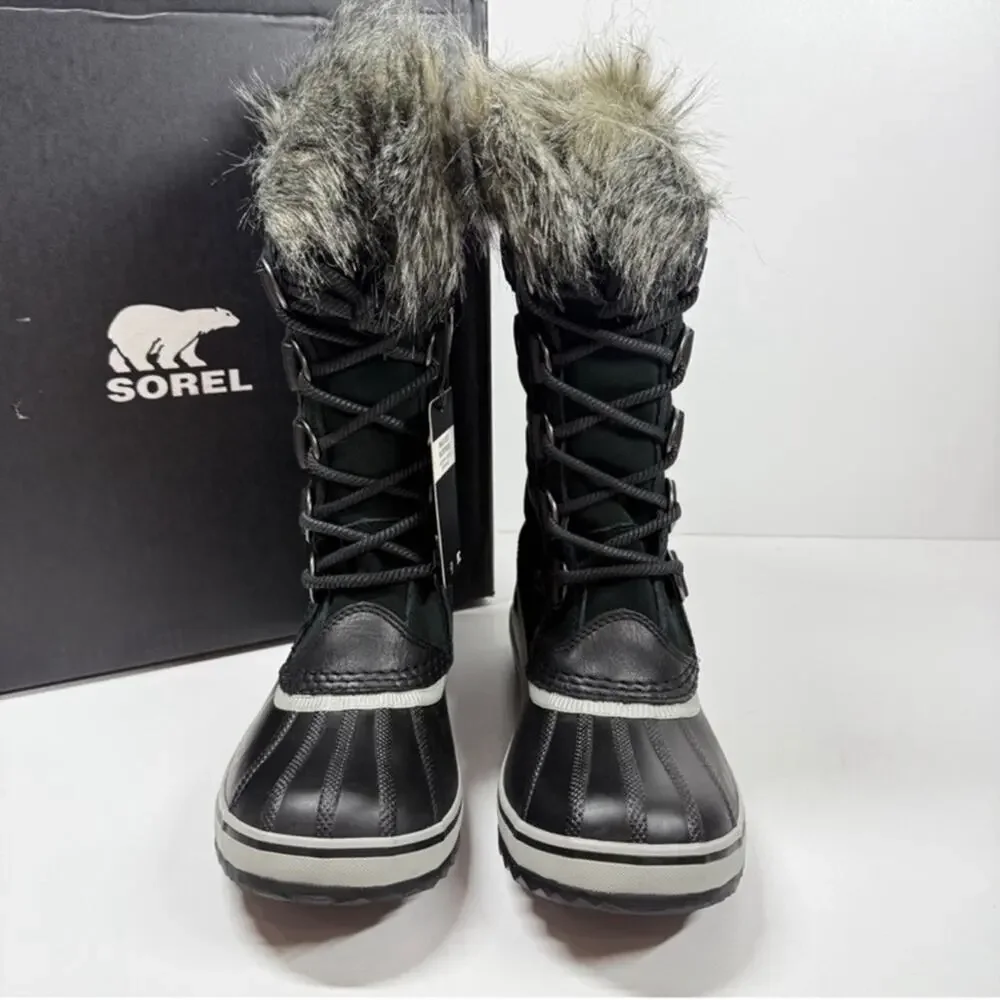 NIB Sorel Joan of Arctic Black Suede Leather Faux Fur Collar Winter Boots Size 8